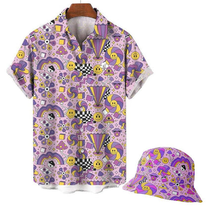A Hippie Shirt and bucket hat, both with a colorful retro pattern—smiley faces, rainbows, checkerboards, swirls, stars, and geometric shapes—on a light purple background.