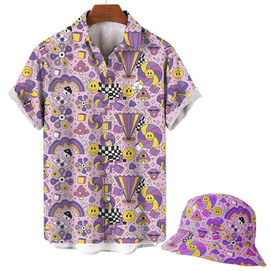 A Hippie Shirt and bucket hat, both with a colorful retro pattern—smiley faces, rainbows, checkerboards, swirls, stars, and geometric shapes—on a light purple background.