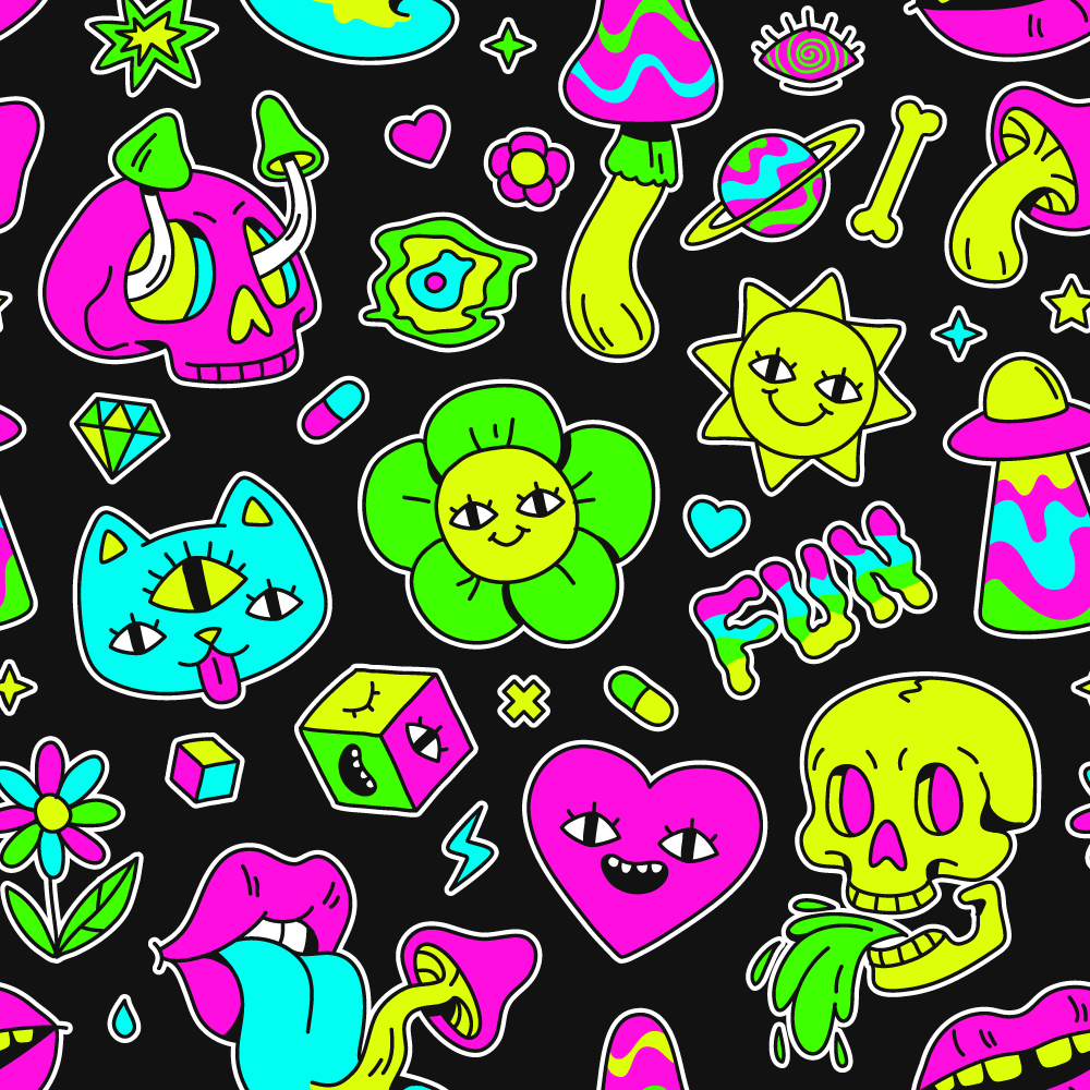 The Black Out Mushroom Shirt features vibrant psychedelic doodles—smiling skulls, a three-eyed cat, UFOs, neon brains, and more—making it the perfect bold choice for any festival fashion fan!.