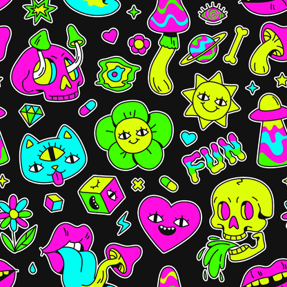 The Black Out Mushroom Shirt features vibrant psychedelic doodles—smiling skulls, a three-eyed cat, UFOs, neon brains, and more—making it the perfect bold choice for any festival fashion fan!.
