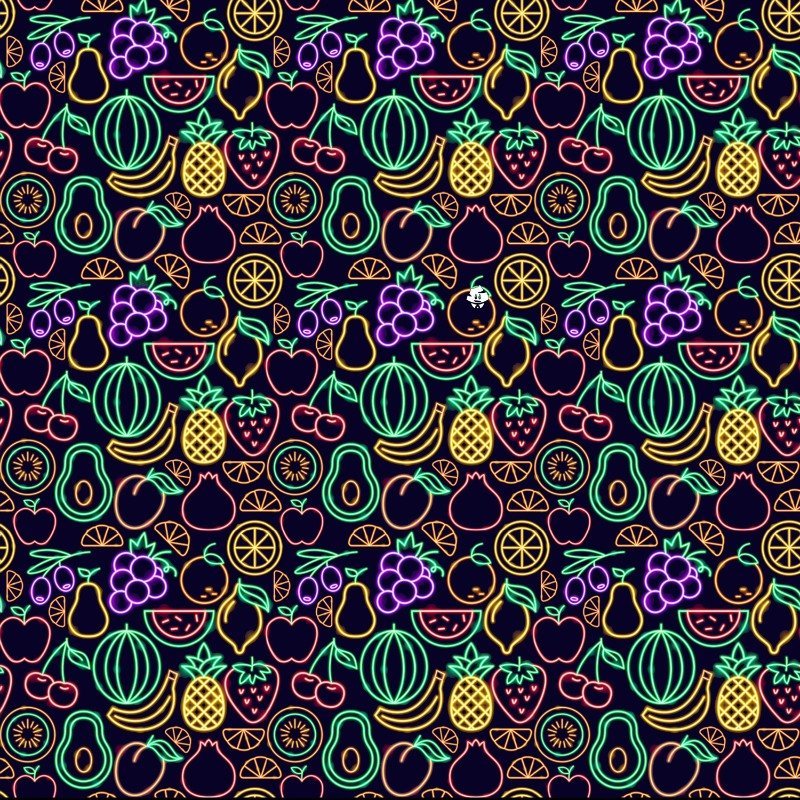 Vivid neon outlines of watermelon, pineapple, grapes, cherries, lemons, and apples form a seamless pattern on the Fluorescent Fruit Fiesta Bucket Hat—a playful unisex accessory for making bold statements.