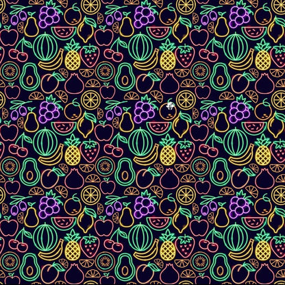 Vivid neon outlines of watermelon, pineapple, grapes, cherries, lemons, and apples form a seamless pattern on the Fluorescent Fruit Fiesta Bucket Hat—a playful unisex accessory for making bold statements.