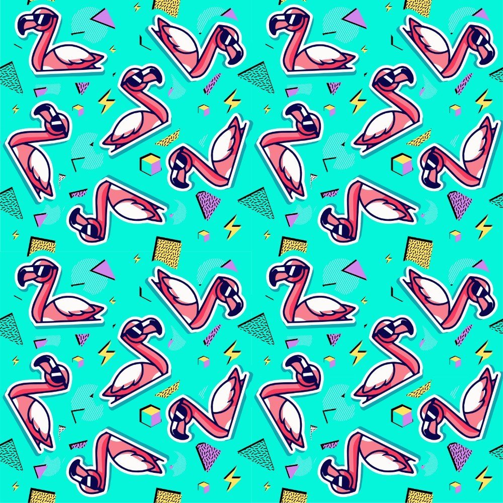The Flamingo Fandango Shirt features playful pink flamingos, geometric shapes, and squiggles on a teal background in a retro 1980s style—perfect for anyone who loves quirky, fun bird-themed fashion.
