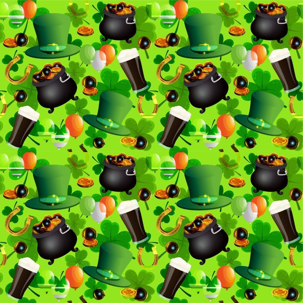 Celebrate in style with the St Patrick’s Day Bucket Hat featuring a seamless pattern of green hats, pots of gold, shamrocks, stout glasses, pipes, and gold coins on a bright green background.