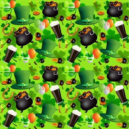 Celebrate in style with the St Patrick’s Day Bucket Hat featuring a seamless pattern of green hats, pots of gold, shamrocks, stout glasses, pipes, and gold coins on a bright green background.