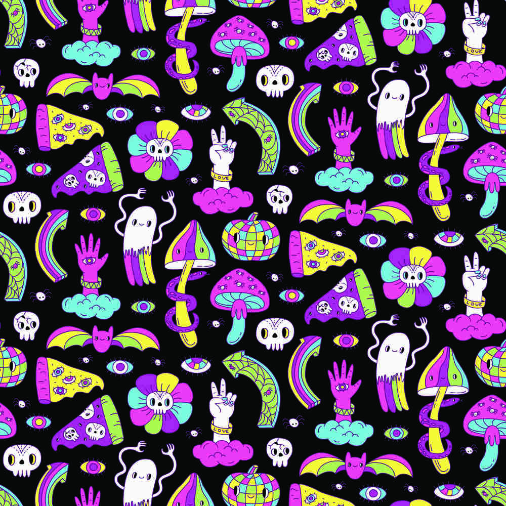 The Shroom Shirt features a whimsical, cartoonish seamless pattern on black with neon mushrooms, ghosts, skulls, peace signs, rainbow bats, pizza slices, disco balls, hands, flowers, eyes & clouds.