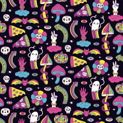 The Shroom Shirt features a whimsical, cartoonish seamless pattern on black with neon mushrooms, ghosts, skulls, peace signs, rainbow bats, pizza slices, disco balls, hands, flowers, eyes & clouds.