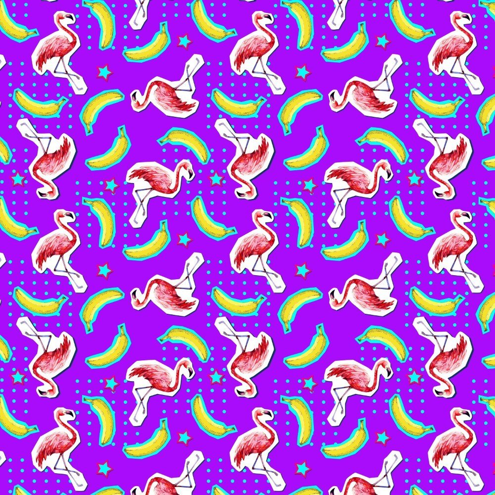 The Bananas For Flamingos Bucket Hat features a seamless pattern of pink flamingos, yellow bananas, blue high-heeled legs, teal stars, and dots on a vibrant purple background—ideal for fun flamingo-inspired style.