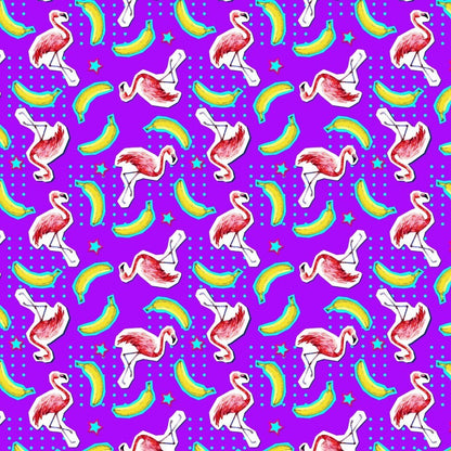 The Bananas For Flamingos Bucket Hat features a seamless pattern of pink flamingos, yellow bananas, blue high-heeled legs, teal stars, and dots on a vibrant purple background—ideal for fun flamingo-inspired style.