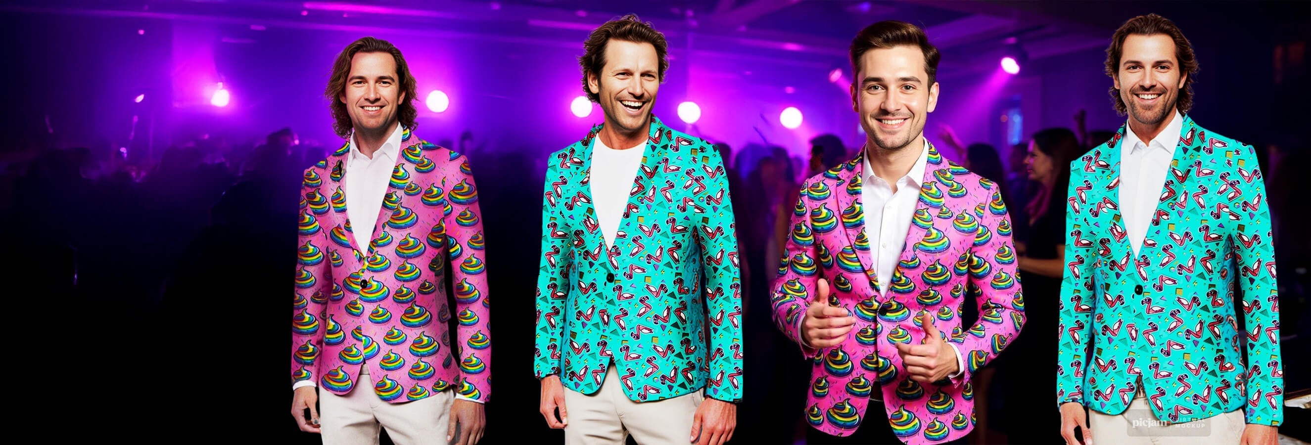 Four men stand in a row at a lively party, all wearing colorful, patterned blazers with whimsical designs. Bright purple lighting and a blurred crowd create a vibrant, festive atmosphere in the background.