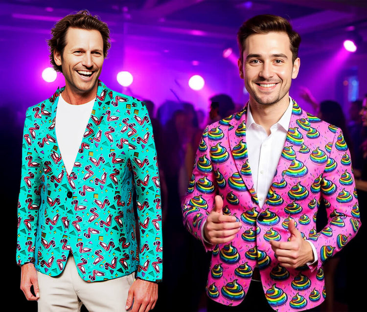 Two men at a lively party wear colorful blazers—one in turquoise with flamingos, the other in pink with cartoon poop emojis. Both are smiling; the background is vibrant with purple lights and a blurred crowd.