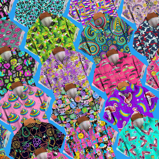 Bad Shirt Subscription offers bold short-sleeve shirts with vibrant patterns—rainbows, paisley, animals, and quirky designs. Each shirt brightens your wardrobe and supports mental health awareness, all shown on a bright blue background.