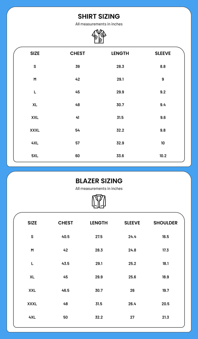 A sizing chart on a blue background displays shirt and blazer measurements in inches for sizes S to 5XL. Measurements include chest, length, sleeve, and for blazers, shoulder width. Each category has its own table.