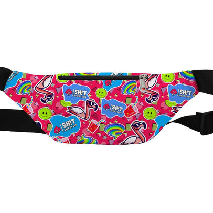 The Badass Bum Bag is a colourful, hands-free festival bag with a black strap, bright pink background, and patterns of flamingos, rainbows, smiley faces, “I SH!T SUNSHINE” stickers, and stars—perfect for any fun outing.