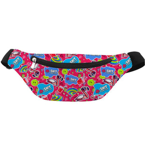 The Badass Bum Bag features a vibrant pink background with fun flamingo, rainbow, and speech bubble graphics. Its black adjustable strap and zipper make it an ideal hands-free accessory for festivals or daily use.