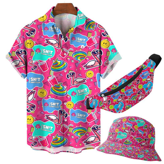 The Badass Shirt set features a short-sleeve shirt, bucket hat, and fanny pack with playful flamingos and rainbows—ideal for whimsical picnics or matching your favorite pink party decor.