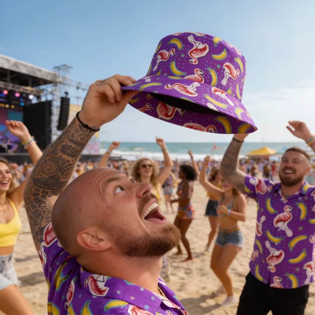 Man holding a purple bucket hat with colourful designs on a beach with other people.