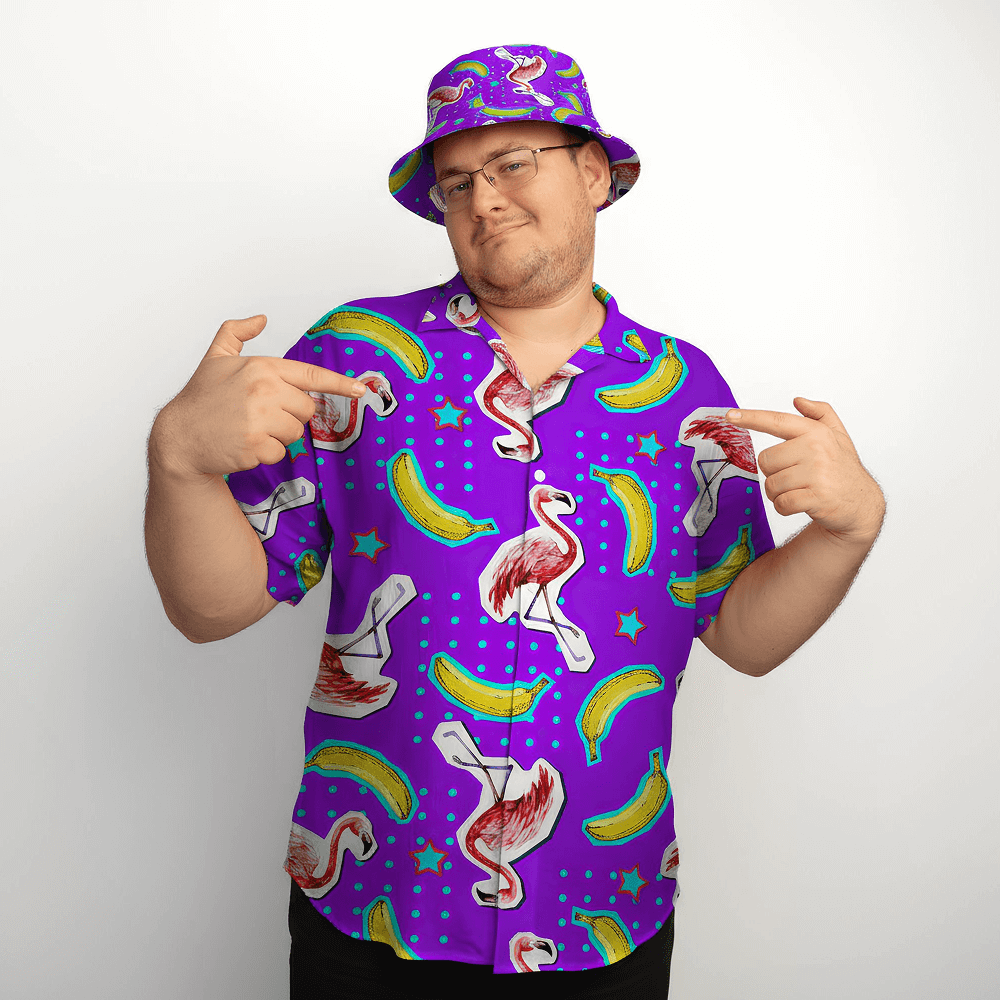 Man wearing the Bananas For Flamingos Shit Shirt and matching Bananas for Flamingos Bucket Hat, pointing at themselves