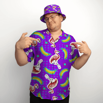 Man wearing the Bananas For Flamingos Shit Shirt and matching Bananas for Flamingos Bucket Hat, pointing at themselves