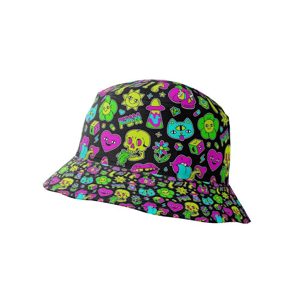 The Black Out Mushroom Bucket Hat features a vibrant hallucinogenic print with neon pink, green, blue, and yellow cartoon flowers, hearts, mushrooms, and playful characters.