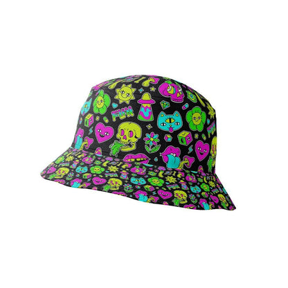 The Black Out Mushroom Bucket Hat features a vibrant hallucinogenic print with neon pink, green, blue, and yellow cartoon flowers, hearts, mushrooms, and playful characters.
