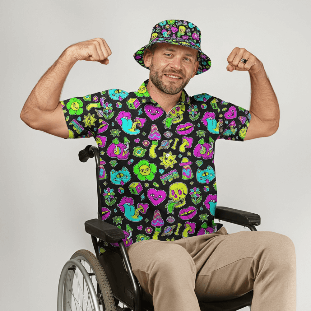 Man in a wheelchair wearing the Black Out Mushroom Shit Shirt and matching Black Out Mushroom Bucket Hat 