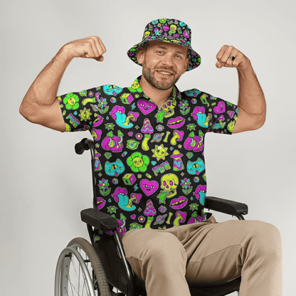 Man in a wheelchair wearing the Black Out Mushroom Shit Shirt and matching Black Out Mushroom Bucket Hat 
