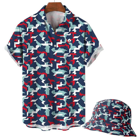 Combat2Coffee Army Camo Shirt—a short-sleeve button-up with bold navy blue, red, light blue, and white geometric camo pattern. Ideal for those who love standout shirts. Displayed on a hanger.