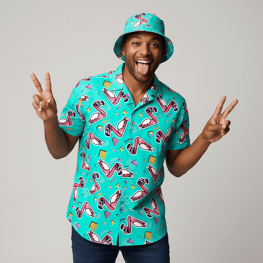 Man wearing the Flamingo Fandango Shit Shirt and matching Flamingo Fandango Bucket Hat, making peace signs