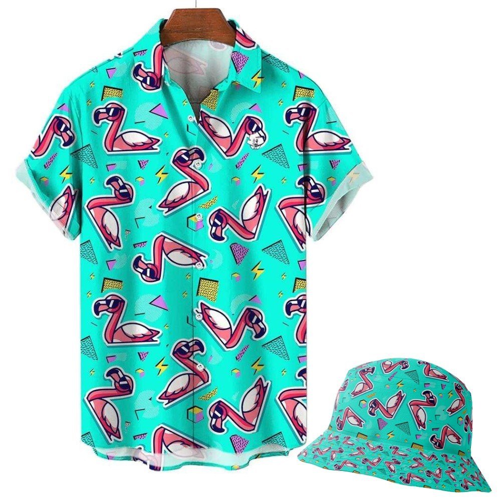 The Flamingo Fandango Shirt is a short-sleeve top with a vibrant teal background, decorated in retro 1980s style with pink flamingos, yellow lightning bolts, and geometric shapes. Matching bucket hat available.