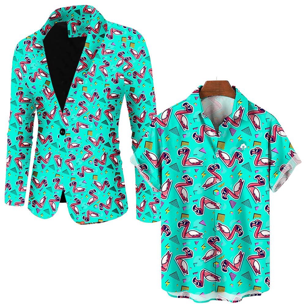 The Flamingo Fandango Blazer showcases playful flamingos and vibrant geometric patterns on a white background, creating a funky, standout look.