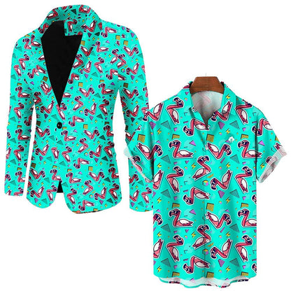 The Flamingo Fandango Blazer showcases playful flamingos and vibrant geometric patterns on a white background, creating a funky, standout look.