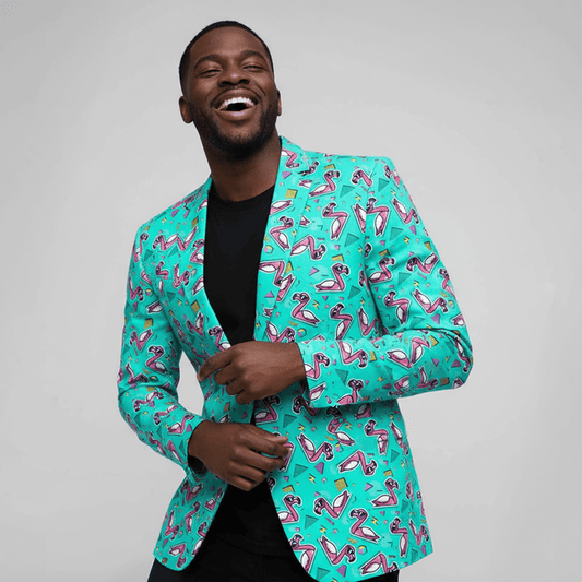 Man wearing the Flamingo Fandango Blazer on a grey background