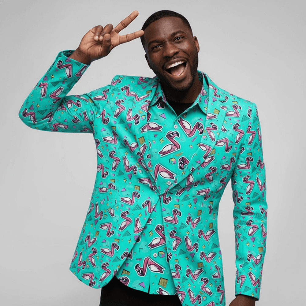 Man wearing Flamingo Fandango Shit Blazer and Shirt against a grey background 