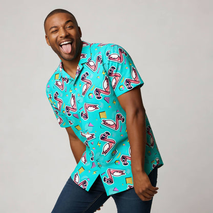 Man wearing a colourful patterned shirt with a plain background