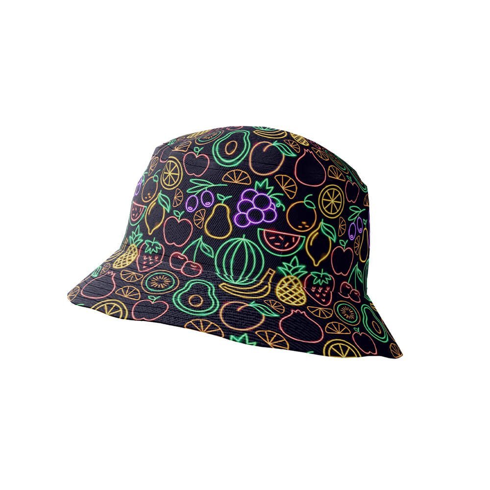 A black bucket hat with a vibrant neon fruit print—apples, oranges, pineapples, grapes, watermelons, and pears—drawn from the Fluorescent Fruit Fiesta Shirt design.