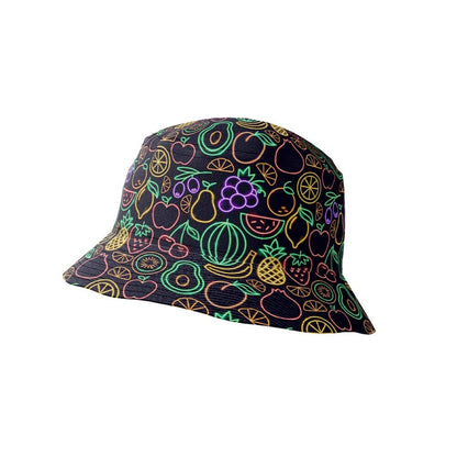 A black bucket hat with a vibrant neon fruit print—apples, oranges, pineapples, grapes, watermelons, and pears—drawn from the Fluorescent Fruit Fiesta Shirt design.
