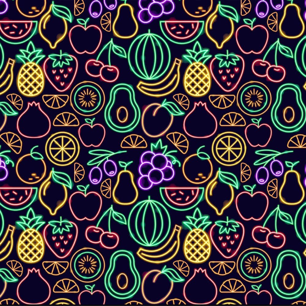 The Fluorescent Fruit Fiesta Shirt features a seamless pattern of neon fruit outlines—watermelon, banana, pineapple, cherries, and more—on a dark background for a vibrant party look.