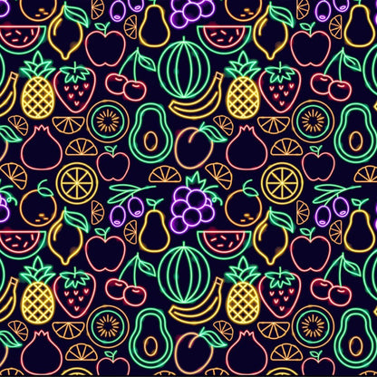 The Fluorescent Fruit Fiesta Shirt features a seamless pattern of neon fruit outlines—watermelon, banana, pineapple, cherries, and more—on a dark background for a vibrant party look.