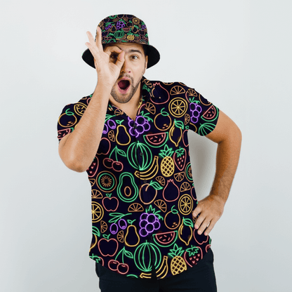 Man wearing the Fluorescent Fruit Fiesta Shit Shirt and matching Fluorescent Fruit Fiesta Bucket Hat on a white background