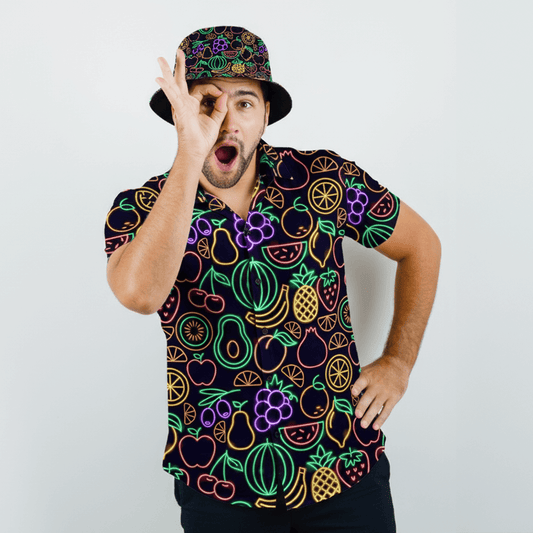 Man wearing the Fluorescent Fruit Fiesta Shit Shirt and matching Fluorescent Fruit Fiesta Bucket Hat on a white background
