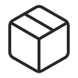 A simple black, pixelated cube icon with an open-top design, resembling a 3D box or package, on a transparent background.