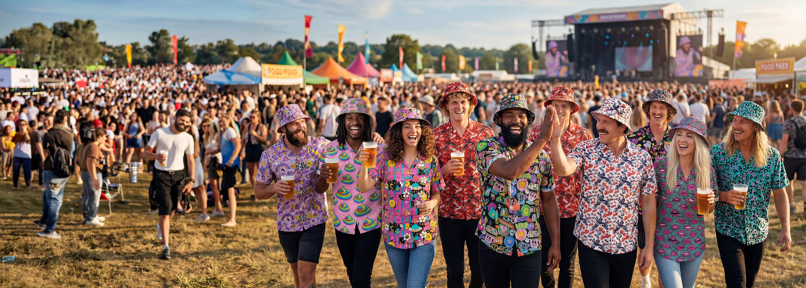 Group of people at a music festival wearing shit shirts with a stage in the background