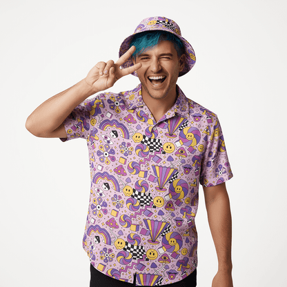 Person with blue hair wearing the Hippie Shit Shirt and matching bucket hat on a white background