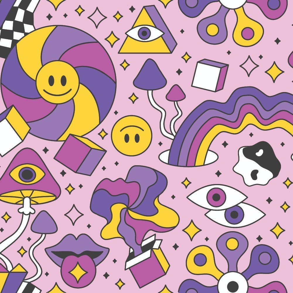 The Hippie Shirt features a playful psychedelic pattern with smiling faces, eyes, mushrooms, geometric shapes, and a rainbow on a pink background in purple, yellow, white, and black.
