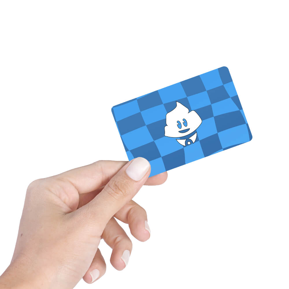 A hand holds The Bad Shirt Club Gift Card, which is blue and checkered with a smiling cartoon ice cream character in the center. The background is plain white.
