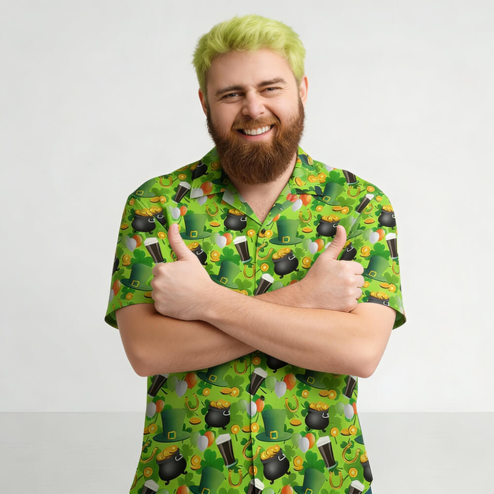 Man wearing a green patterned irish shirt with thumbs up on a white background