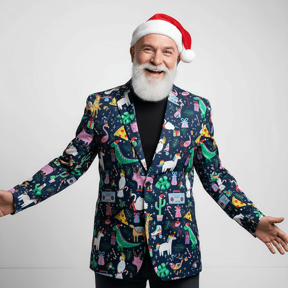Man wearing Jingle Jungle Christmas Blazer and a Santa Hat on a white background 