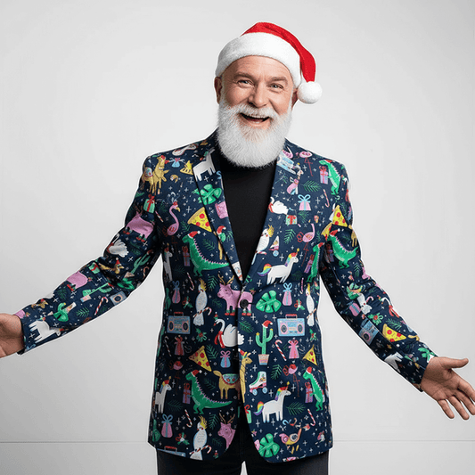 Man wearing Jingle Jungle Christmas Blazer and a Santa Hat on a white background 