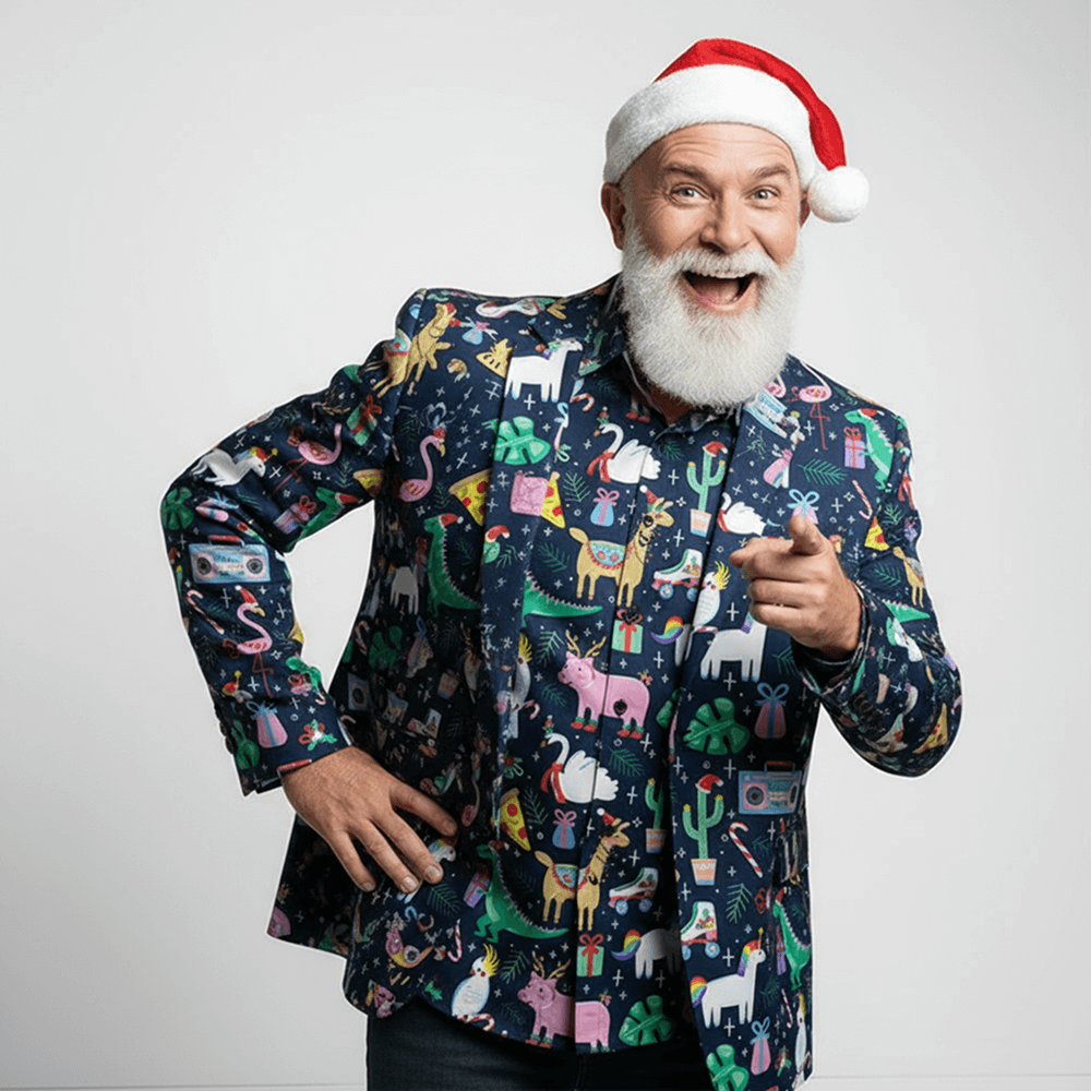 Man wearing Jingle Jungle Christmas Blazer and Shirt and a Santa Hat against a grey background